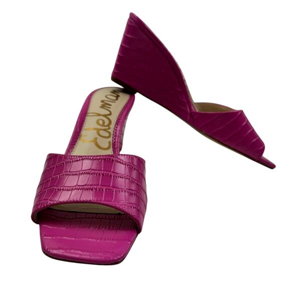 Sam Edelman Tesma Pink Croc Embossed Leather Wedge Mules Women's Size 8.5 - Picture 2 of 11
